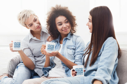 11 oz Mug Mockup Featuring Three Women Chatting Together 