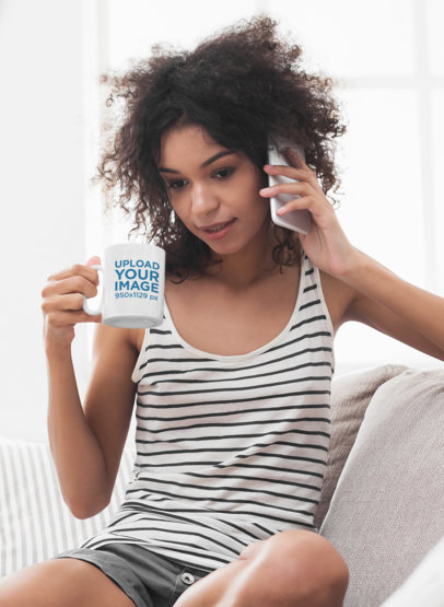 11 oz Coffee Mug Mockup Featuring a Worried Woman Talking on the Phone