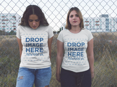 Two Women Hanging out Outside of the City While Wearing Same T-Shirts Mockup
