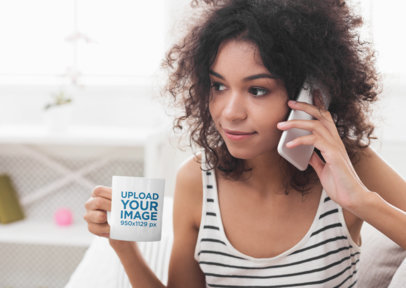 11 oz Coffee Mug Mockup Featuring a Woman Talking on the Phone 