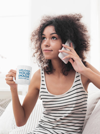 11 oz Mug Mockup Featuring a Woman Talking on the Phone 