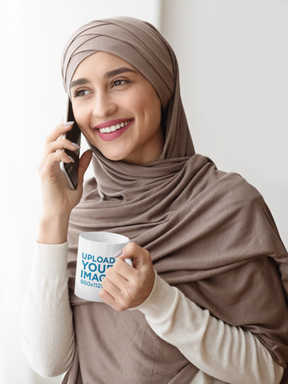 11 oz Mug Mockup of a Woman with a Hijab Talking on the Phone