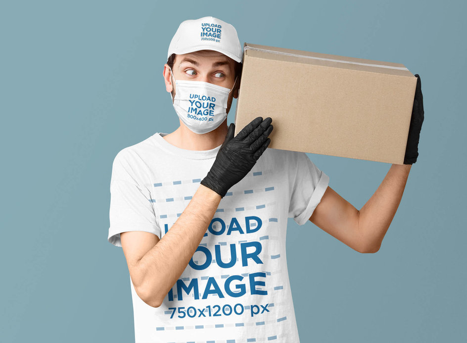 Dad Hat and T-Shirt Face Mask Mockup Featuring a Man With a Face Mask Holding a Package