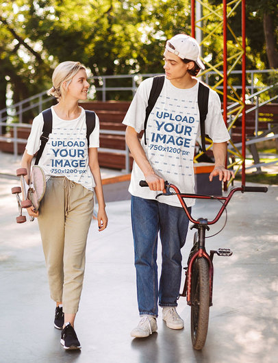 T-Shirt Mockup of Two Teens at a Skatepark