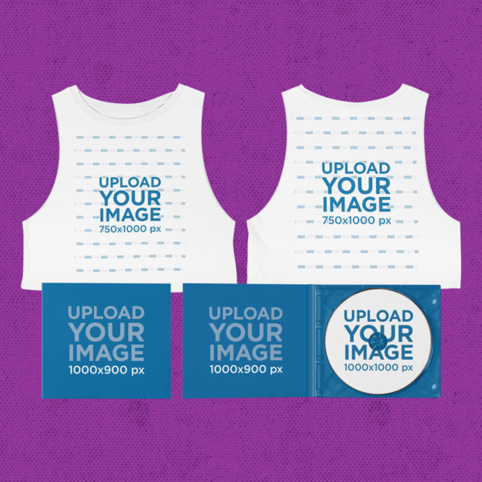 Mockup of a Merch Bundle Including a Both Sides-View of a Sleeveless Crop Top and a Digipak