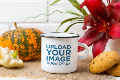 12 oz Enamel Mug Mockup Featuring a Pumpkin and Cookies 43563-r-el2