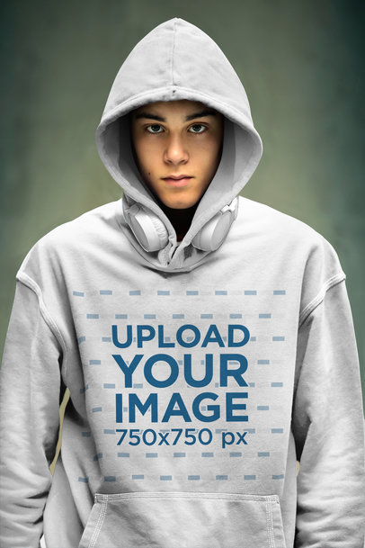 Mockup of a Serious Teenager Wearing a Pullover Hoodie