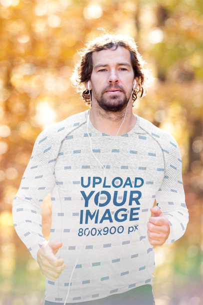 Long Sleeve Tee Mockup Featuring a Man Jogging with Earphones