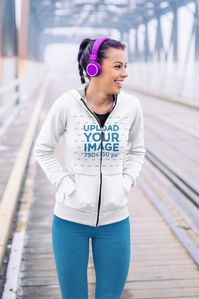 Mockup of a Woman with Purple Hair Wearing a Full-Zip Hoodie 