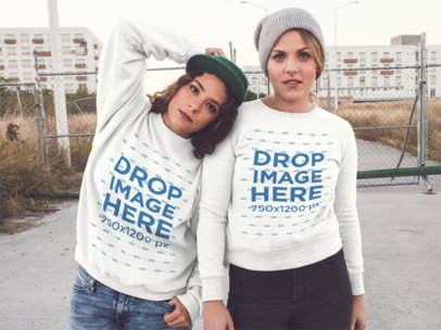 Two Women Wearing Crewneck Sweatshirts With Matching Designs While Outside of the City Mockup