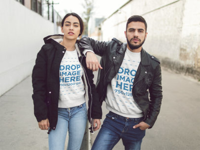 Template of a Young Hispanic Couple Wearing Matching Crewneck Sweatshirts While Being Cool in the City