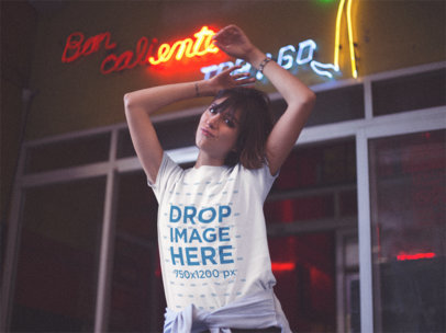Young Woman Doing a Duckface While Wearing a Round Neck T-Shirt Outside a Bar Template
