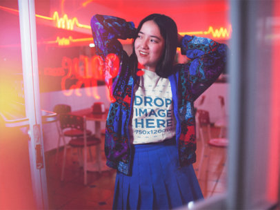 Young Asian Girl Wearing a Round Neck Tee With Blue Clothes While Posing Inside a Diner Restaurant Template a13588