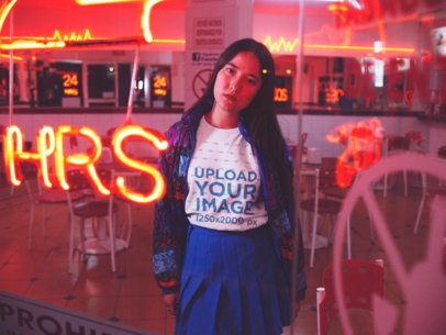 Serious Asian Girl Wearing a Round Neck Tshirt While Staring at the Camera Inside a Diner Restaurant Mockup a13586