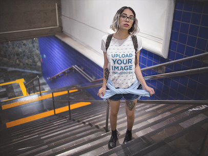 Edgy Short Haired Woman With Glasses Wearing a Round Neck Tee While in the Subway Stairways Template