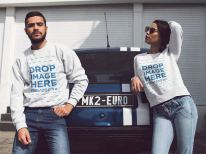 Couple Wearing Matching Crewneck Sweatshirts While Hanging Out Outdoors Near a Vintage Car Mockup