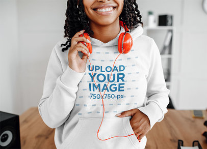 Cropped Face Mockup of a Woman with a Hoodie and Headphones 