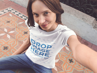 Selfie Template of a Woman Wearing a Short Sleeved Tshirt While Sitting Down on the Floor