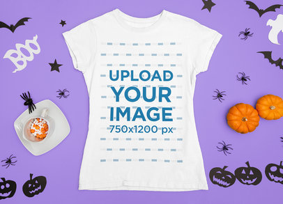 T-Shirt Mockup Featuring Halloween Ornaments and Some Candy