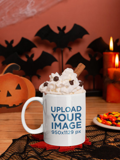 Halloween Mockup Featuring an 11 Oz Coffee Mug Placed by Spooky Decorations 