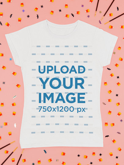 T-Shirt Mockup Featuring Halloween Candies and Decorations 