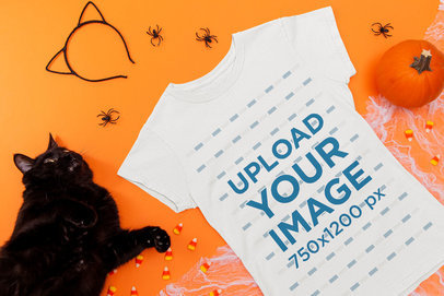 Mockup of a T-Shirt Among Halloween Ornaments and a Cat