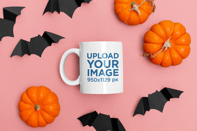 Halloween Mockup of an 11 oz Coffee Mug Surrounded by Pumping and Paper Bats 