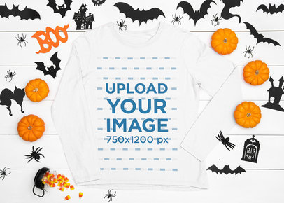 Long Sleeve Tee Mockup Featuring Halloween Decorations m91