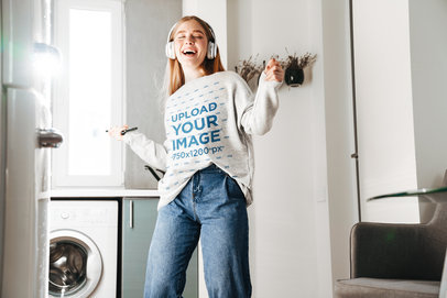 Crewneck Sweatshirt Music Featuring a Young Woman Listening to a Happy Song 