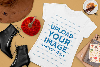 Halloween Mockup of a Flat Laid Tee Featuring Witch Costume Items