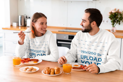 Crewneck Sweatshirt Mockup of a Couple Eating Breakfast Together