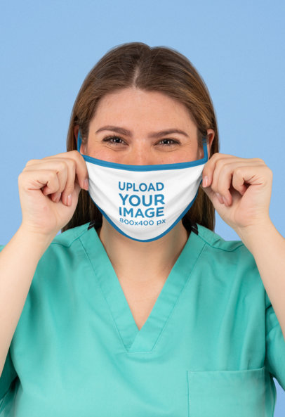 Mockup of a Happy Medical Worker Putting a Face Mask On
