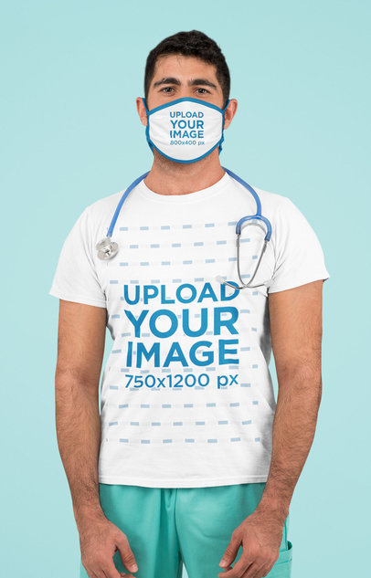 T-Shirt Mockup of a Health Professional with a Face Mask in a Studio