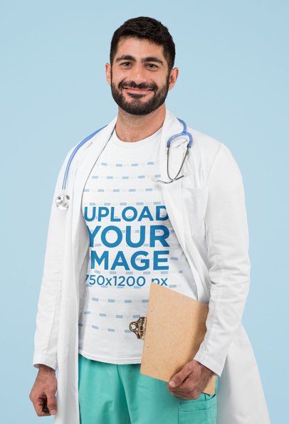 T-Shirt Mockup Featuring a Doctor Posing Against a Plain Color Backdrop 