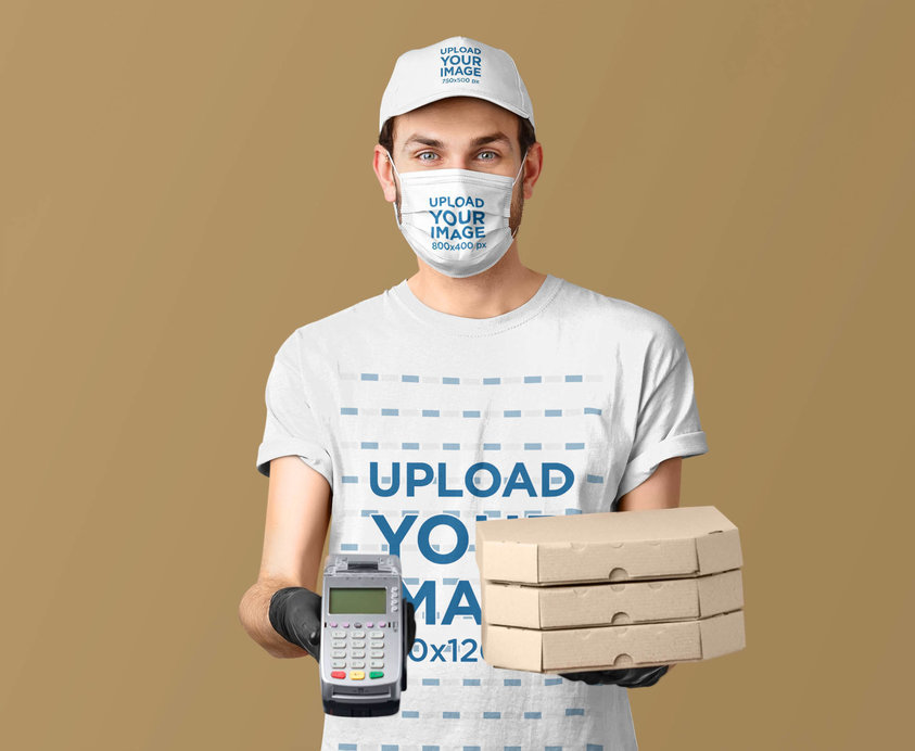 Dad Hat and Face Mask Mockup Featuring a Delivery Man Wearing a T-Shirt 