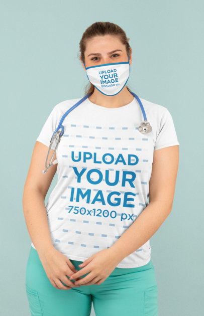 Mockup of a Medical Worker Wearing a T-Shirt and a Face Mask in a Studio