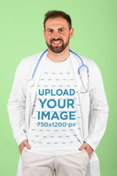 T-Shirt Mockup of a Bearded Doctor Posing at a Studio