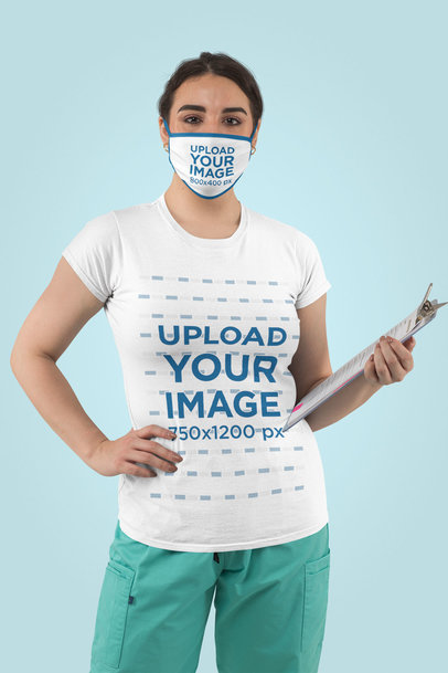 T-Shirt and Face Mask Mockup of a Health Worker in a Studio