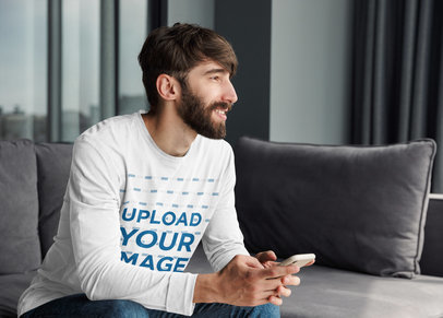 Long Sleeve Tee Mockup Featuring a Bearded Man at Home