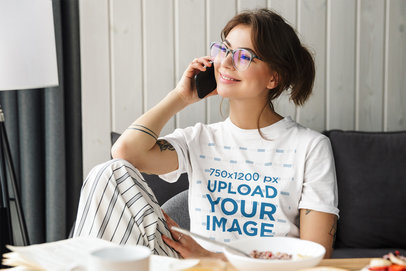 Round Neck T-Shirt Mockup of a Smiling Woman Talking on the Phone 