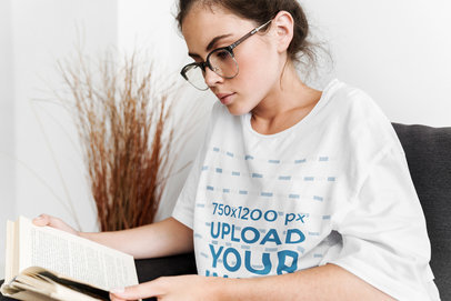 Oversized T-Shirt Mockup Featuring a Woman Reading