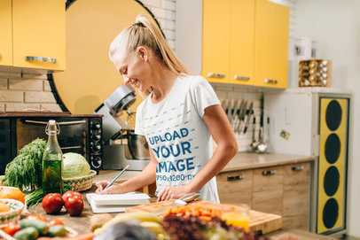 T-Shirt Mockup of a Woman Cooking a Recipe