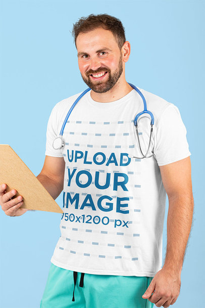 T-Shirt Mockup Featuring a Happy Doctor at a Studio