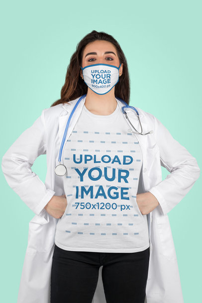 T-Shirt and Face Mask Mockup Featuring a Physician at a Studio