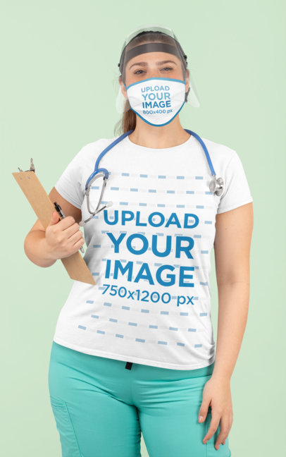 Face Mask Mockup Featuring a Health Worker Wearing a Customizable T-Shirt 