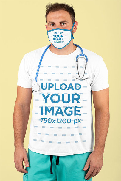 T-Shirt Mockup Featuring a Male Nurse Wearing a Sublimated Face Mask at a Studio
