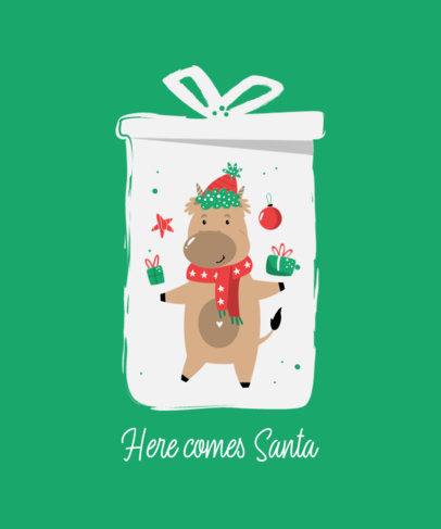 T-Shirt Design Template Featuring a Graphic of a Cow with Christmas Presents