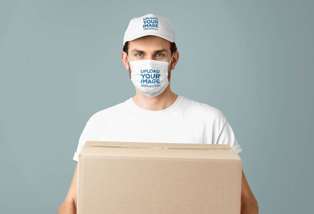 Mockup of a Delivery Man Wearing a Face Mask and a Hat