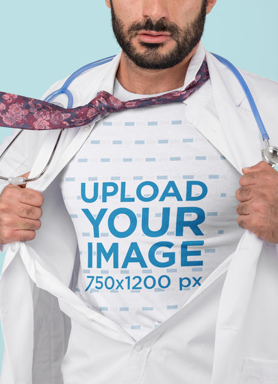Mockup of a Doctor Showing-off the T-Shirt Under His Robe in a Superhero Style