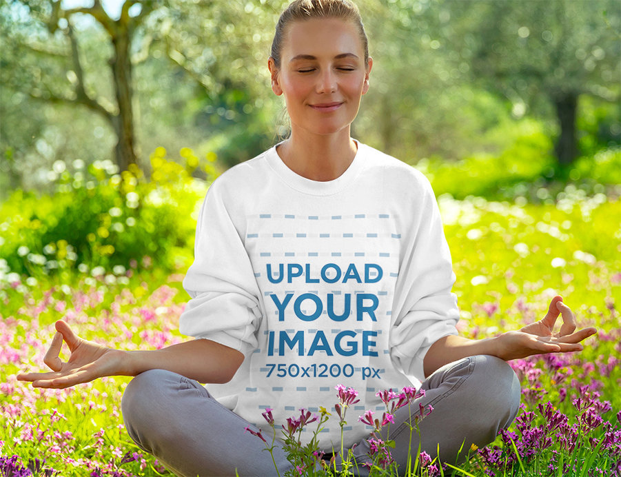 Round Neck Sweatshirt Featuring a Woman Meditating Outdoors